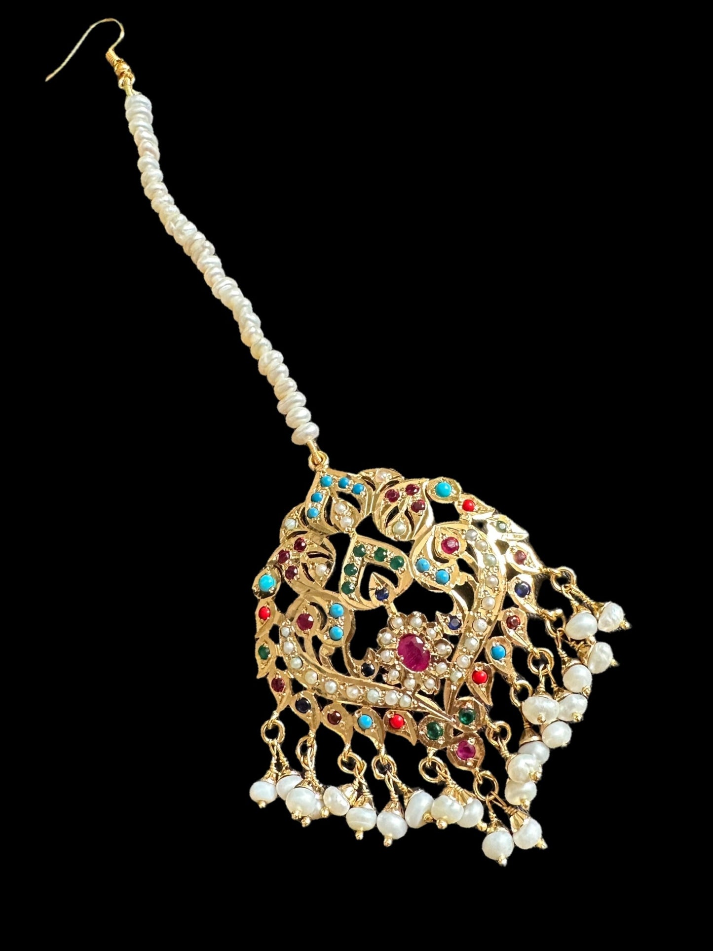 ESMA Navratan tika in silver with fresh water pearls - gold plated ( SHIPS IN 4 WEEKS )