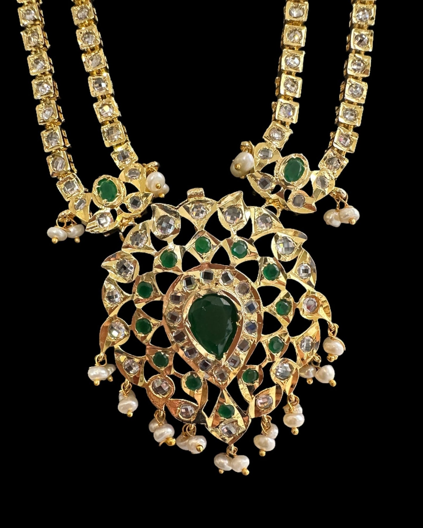 DLN130 Alvira Polki Rani haar with earrings in green ( SHIPS IN 3 WEEKS )