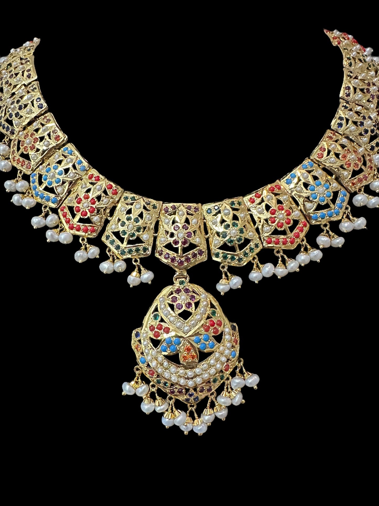 Navratan / Multicolored Jadau Necklace Set in Gold Plated Silver ( SHIPS IN 5 WEEKS )