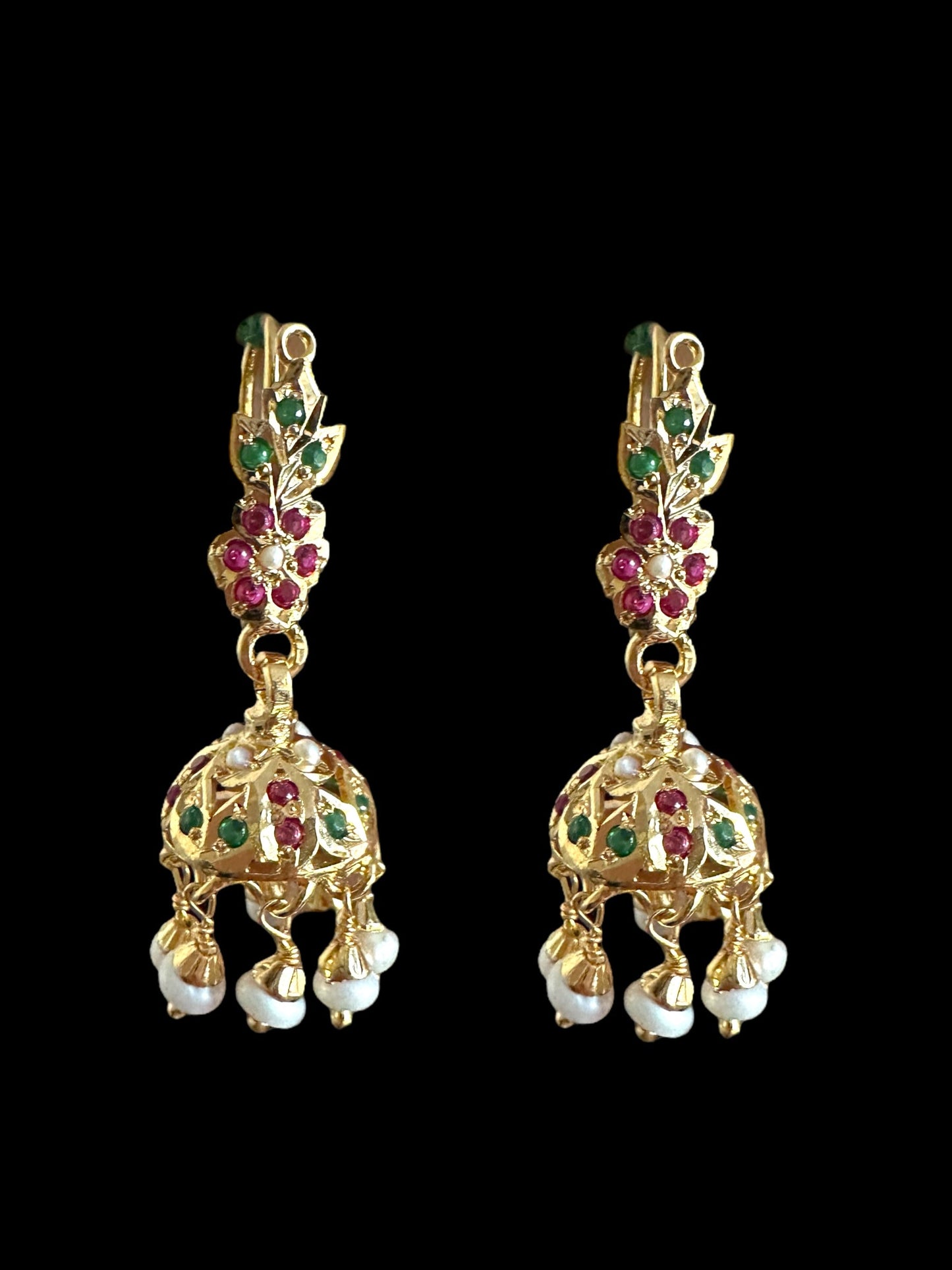 Light weight jhumka earrings in gold plated silver - ruby emerlad ( SHIPS IN 5 WEEKS )