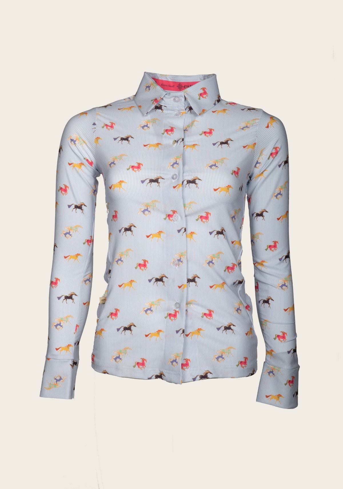 Espoir Colorful Running Horses on Blue Stripe Ladies Button Shirt