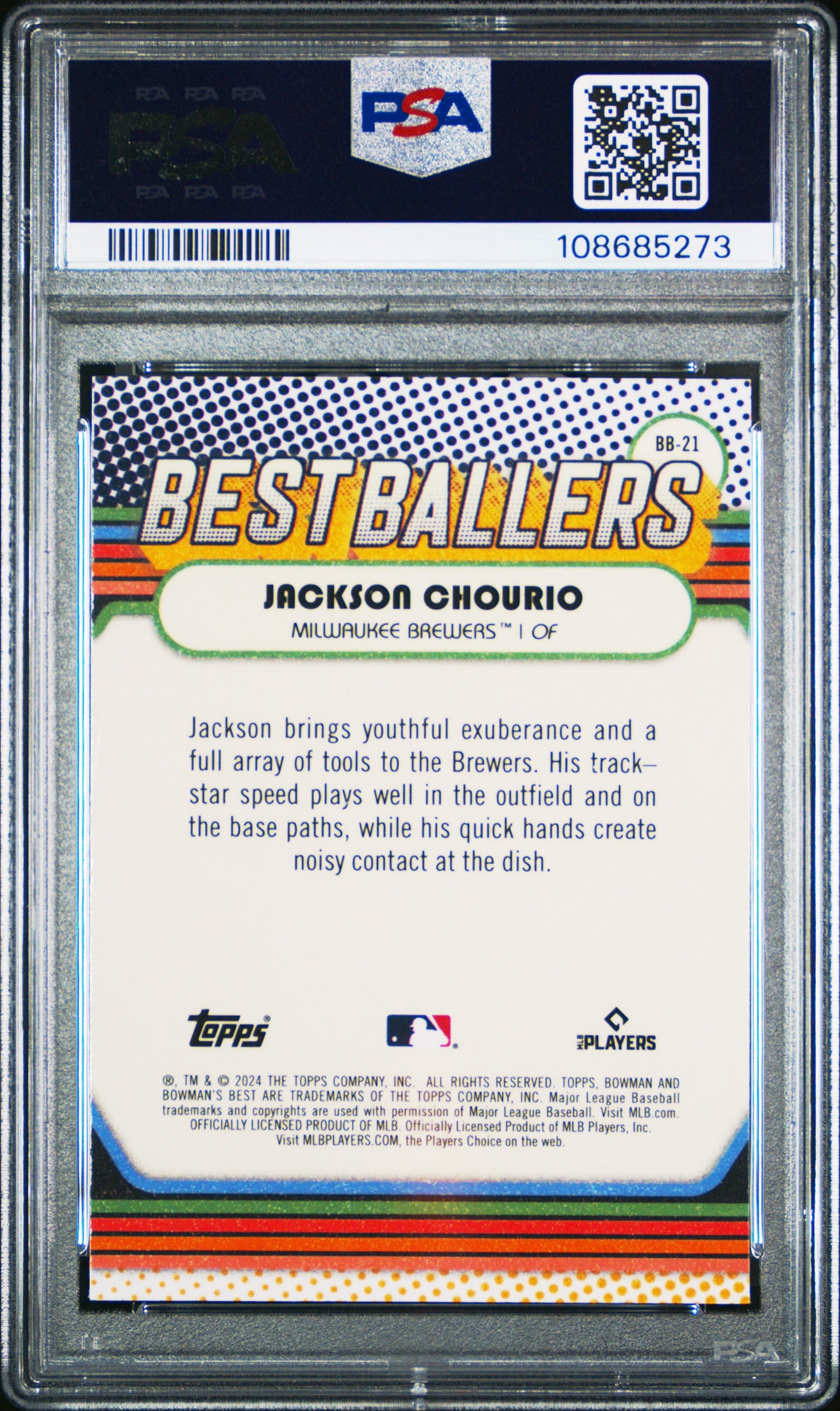 Graded 2024 Topps Bowmans Best Jackson Chourio #BB21 Best Ballers Rookie RC Baseball Card PSA 10 Gem Mint