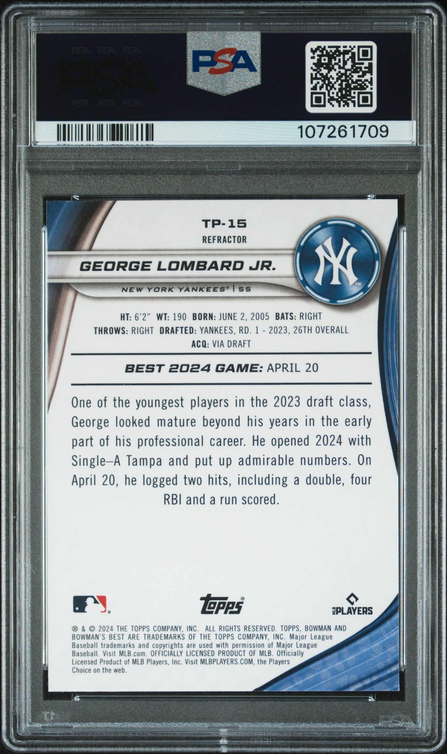 Graded 2024 Topps Bowmans Best George Lombard Jr #TP15 Top Prospects Refractor Rookie RC Baseball Card PSA 10 Gem Mint
