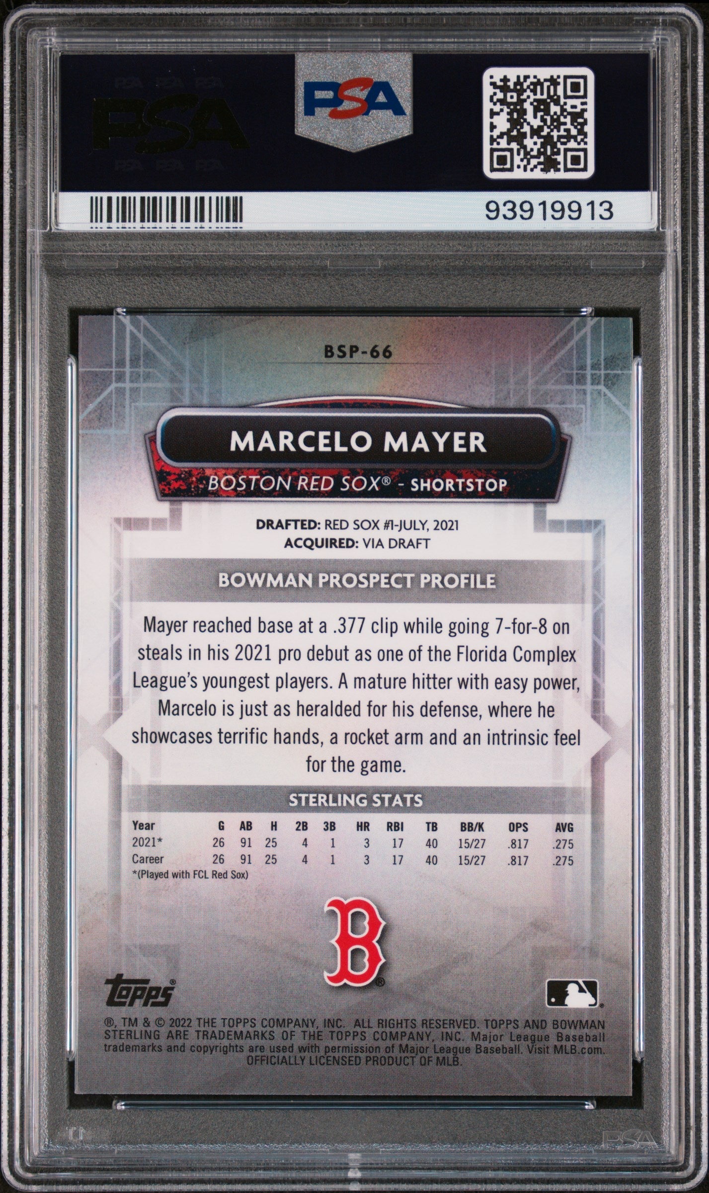 Graded 2022 Topps Bowman Sterling Marcelo Mayer #BSP66 Rookie RC Baseball Card PSA 10 Gem Mint