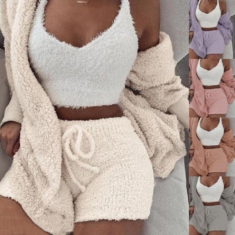 Ultra-Soft Velvet Pajama Set - 3-Piece Cropped Tank Shorts Cardigan
