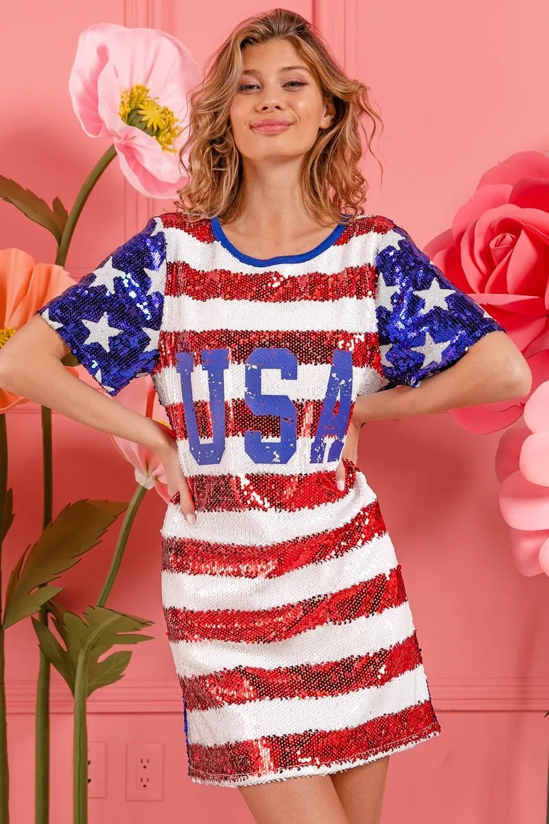 BiBi American Flag Theme Usa Print Sequin Dress
