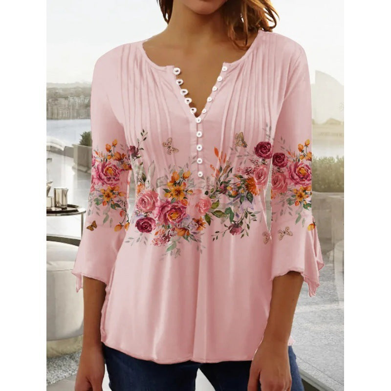 Floral V-Neck Pleated Top - 3/4 Sleeve Button Front Blouse