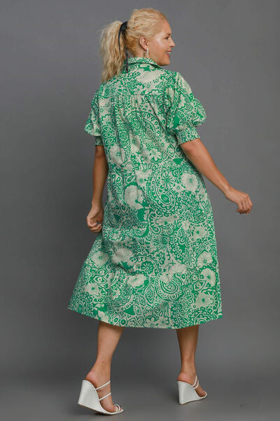 Umgee Full Size Printed Smocked Cuff Puff Sleeve Midi Dress Plus Size