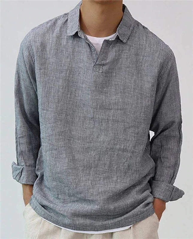 Men's Cotton Blend Retro Pullover Shirt - Long Sleeve Lapel