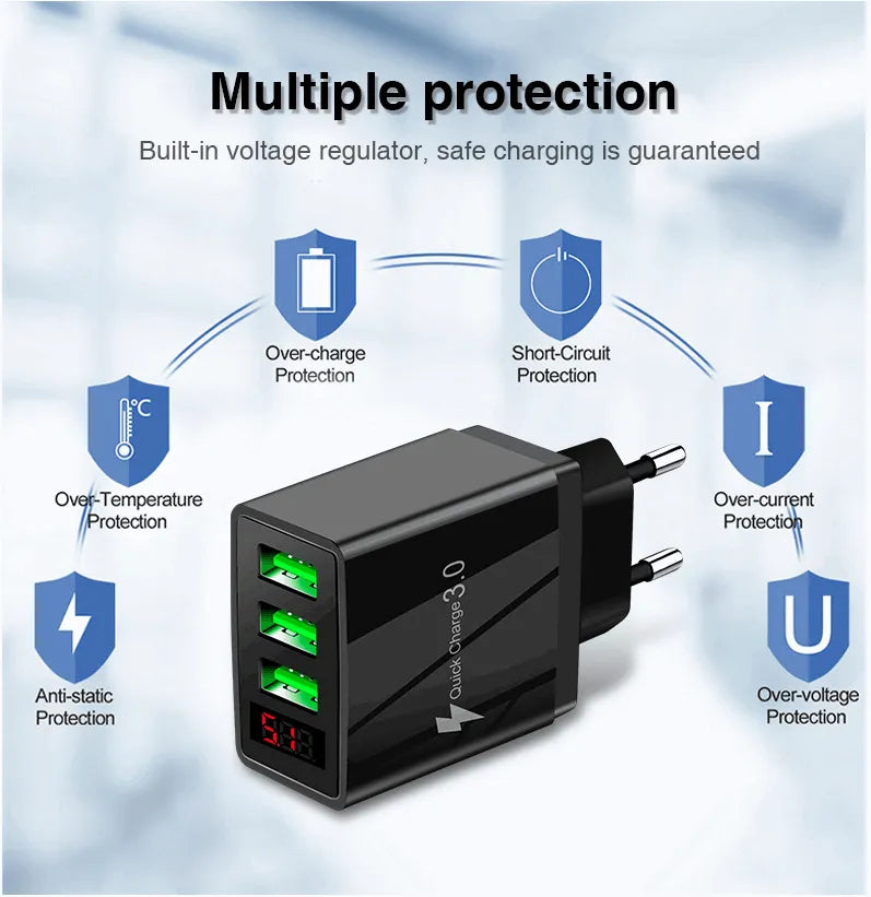 3-Port USB Quick Wall Charger with LED Voltage Display - Safe & Fast Charging