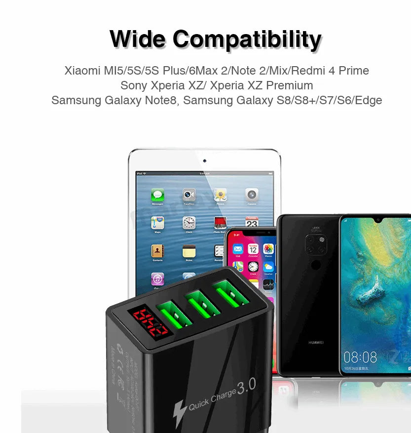 3-Port USB Quick Wall Charger with LED Voltage Display - Safe & Fast Charging