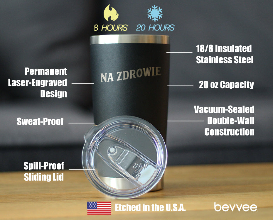 Na Zdrowie - Polish Cheers - Insulated Coffee Tumbler Cup with Sliding Lid - Stainless Steel Insulated Mug - Cute Poland Themed Gifts or Party Decor for Women and Men