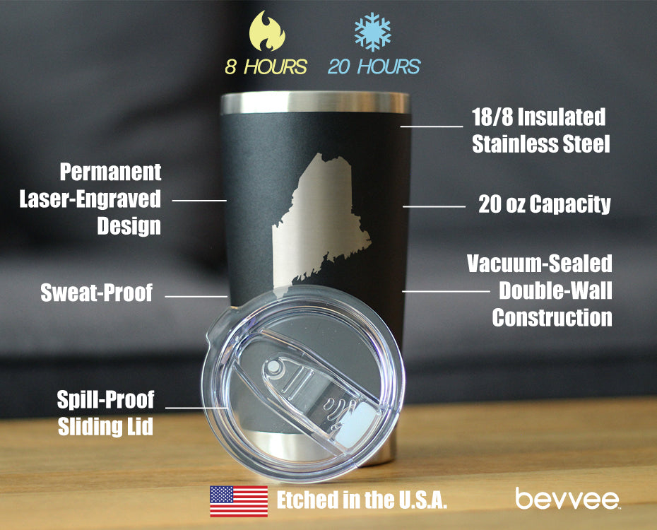 Maine State Outline - Insulated Coffee Tumbler Cup with Sliding Lid - Stainless Steel Travel Mug - Maine Gifts for Women and Men Mainers