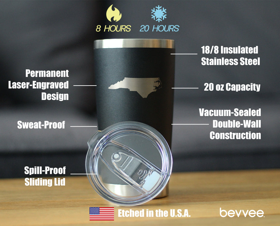 North Carolina State Outline - Insulated Coffee Tumbler Cup with Sliding Lid - Stainless Steel Travel Mug - North Carolina Gifts for Women and Men