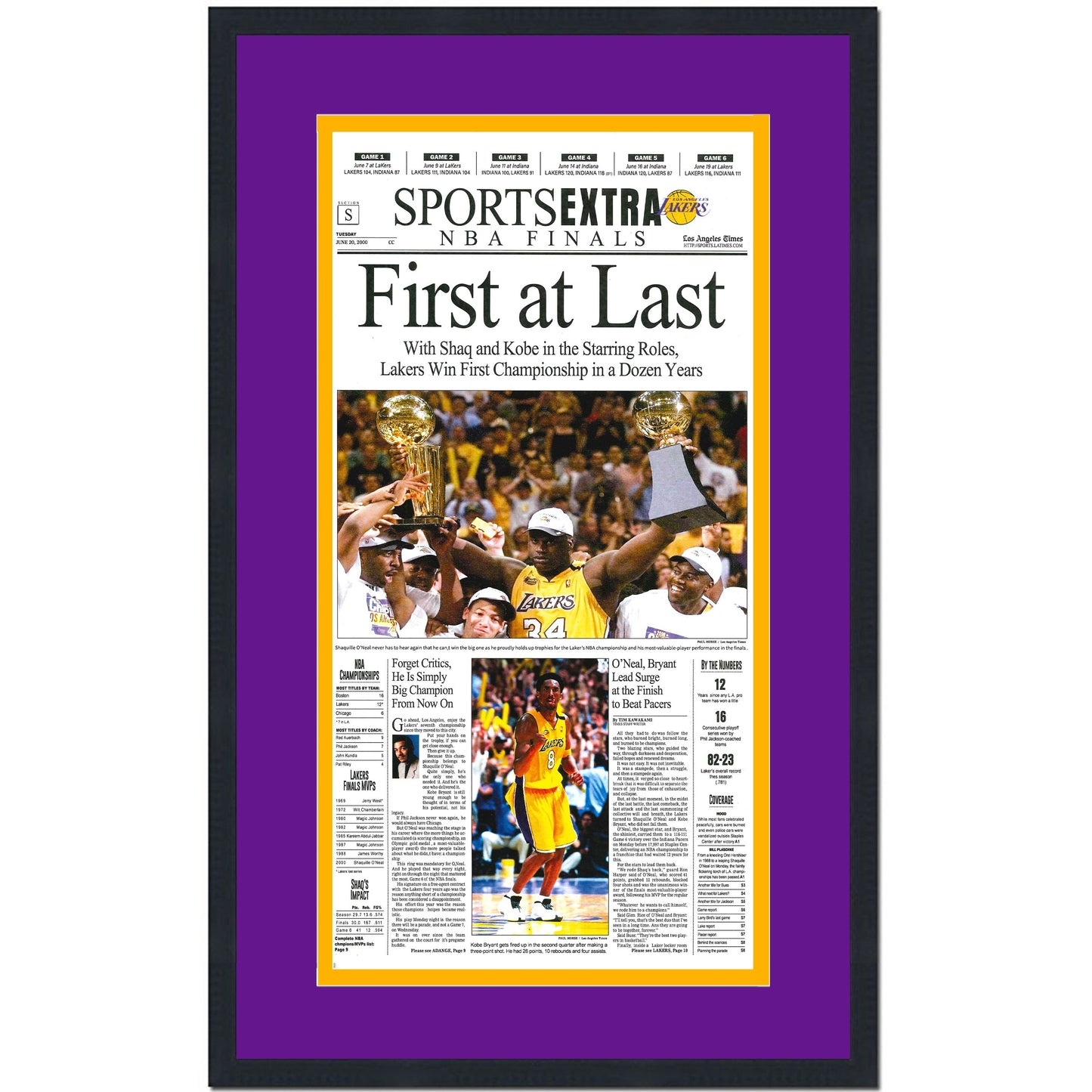 Framed Los Angeles LA Times Lakers First At Last 2000 NBA Finals Champions 14x22 Basketball Newspaper Cover Photo Professionally Matted