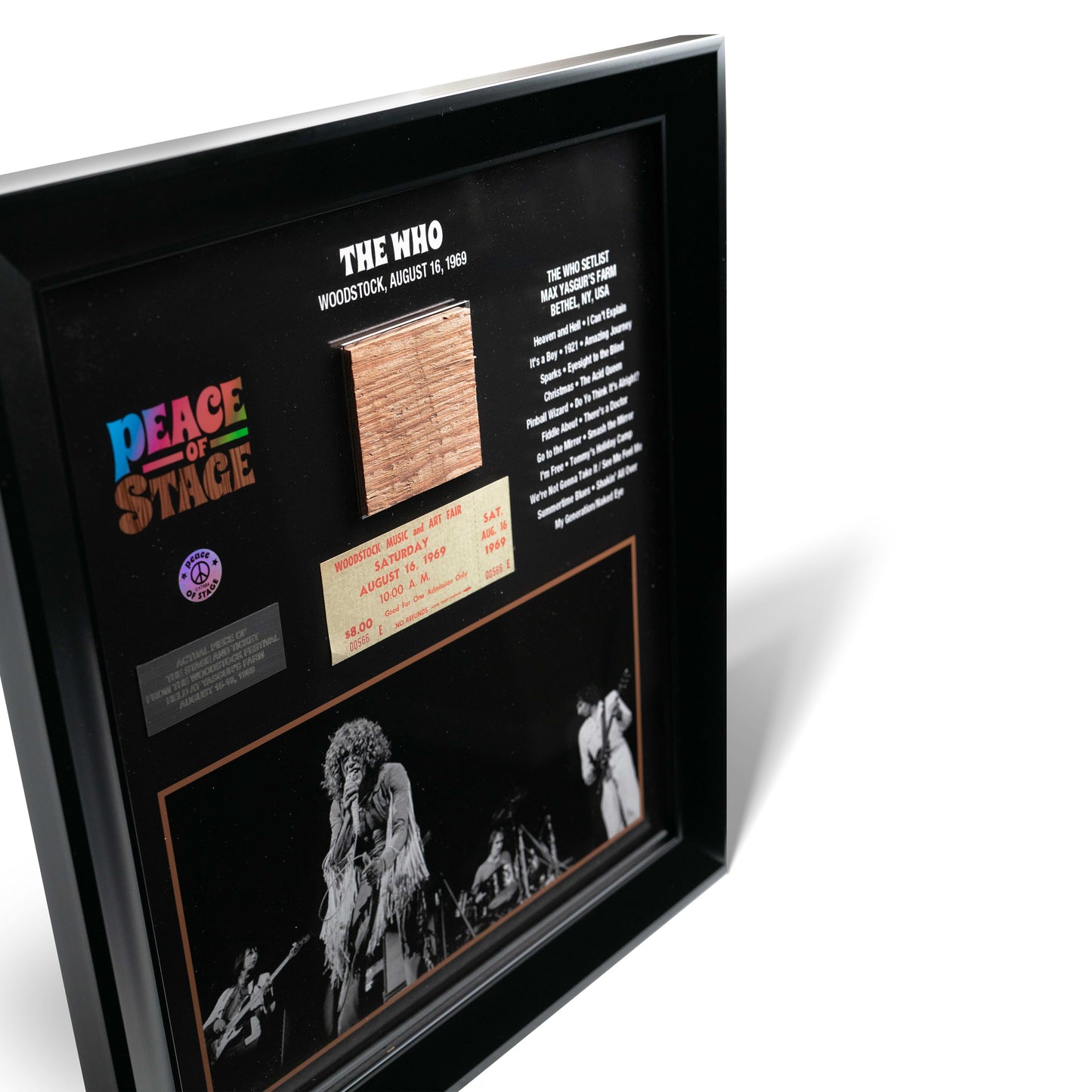 The Who Frame with Piece of 1969 Woodstock Stage and Original Ticket