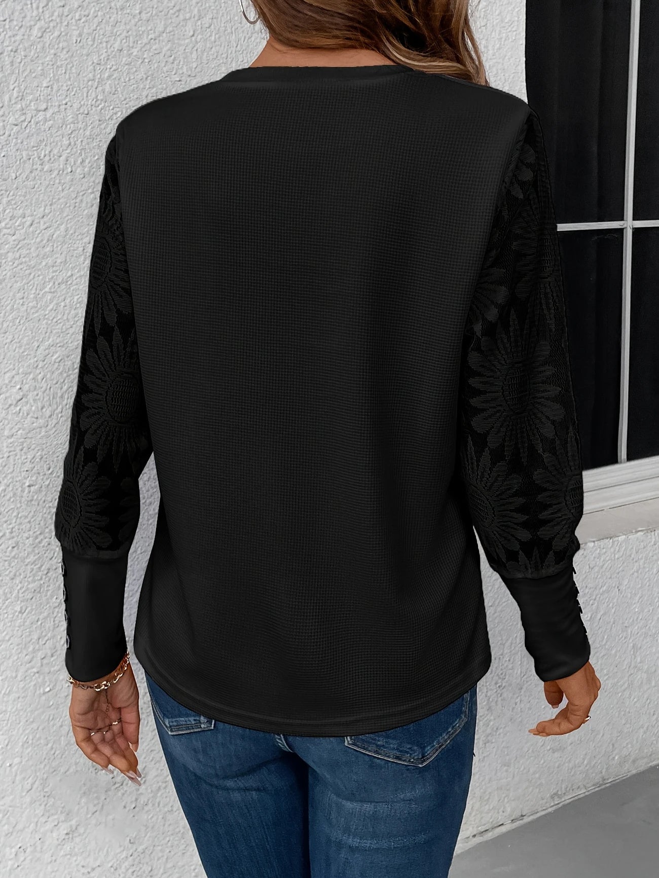 White Lace Floral Long Sleeve Top - Buttoned Cuffs Polyester Blouse