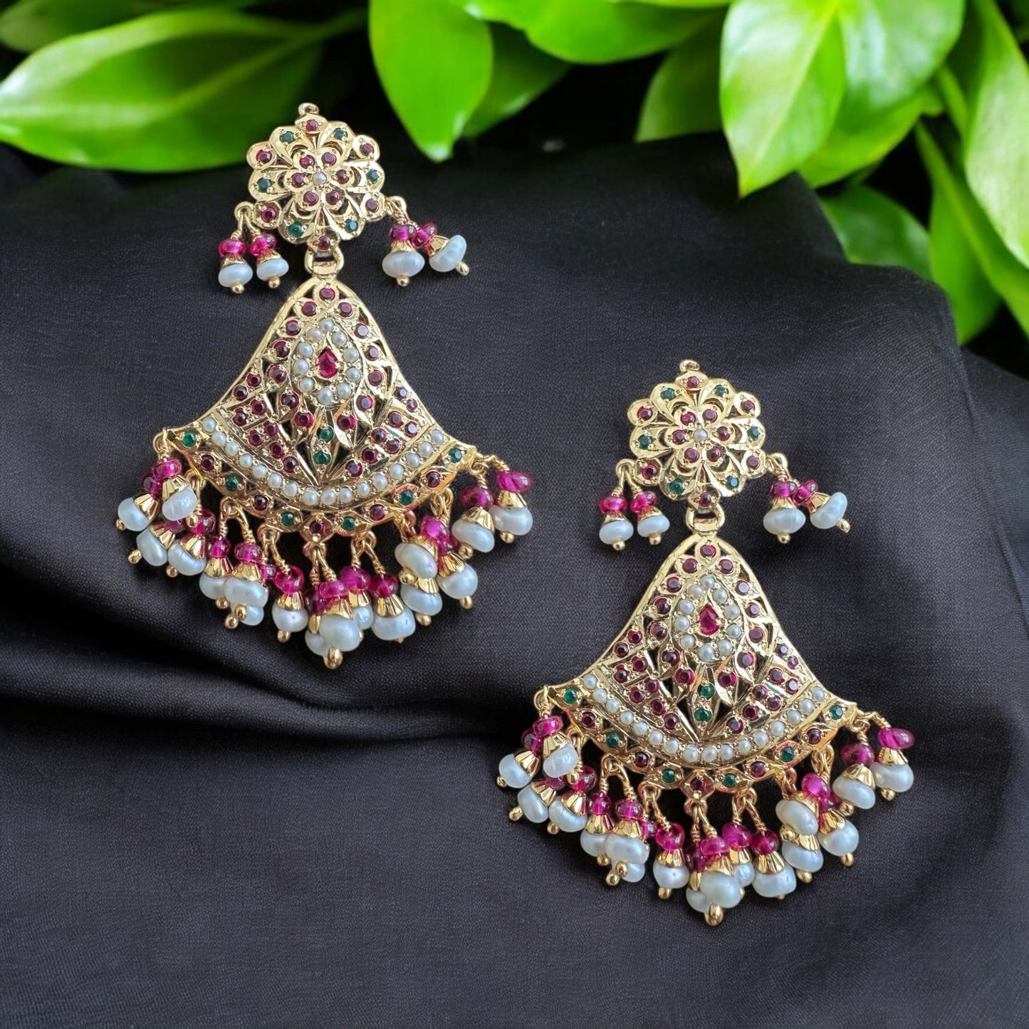 Gold plated silver earrings in ruby and emerlad with pearls ( READY TO SHIP)
