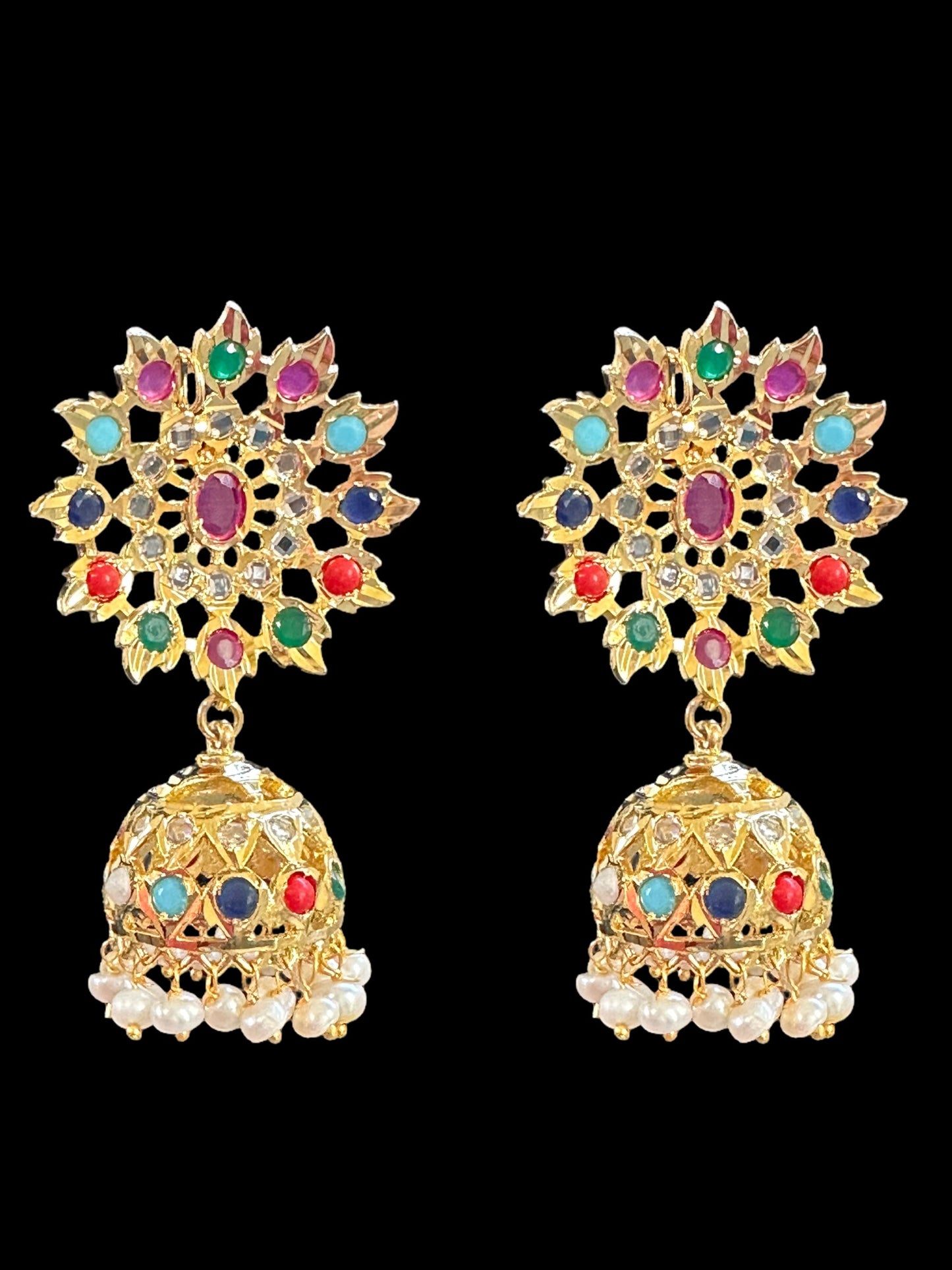 DER521 Hyderabadi gold plated Jhumka - Navratan  ( SHIPS IN 3 WEEKS )