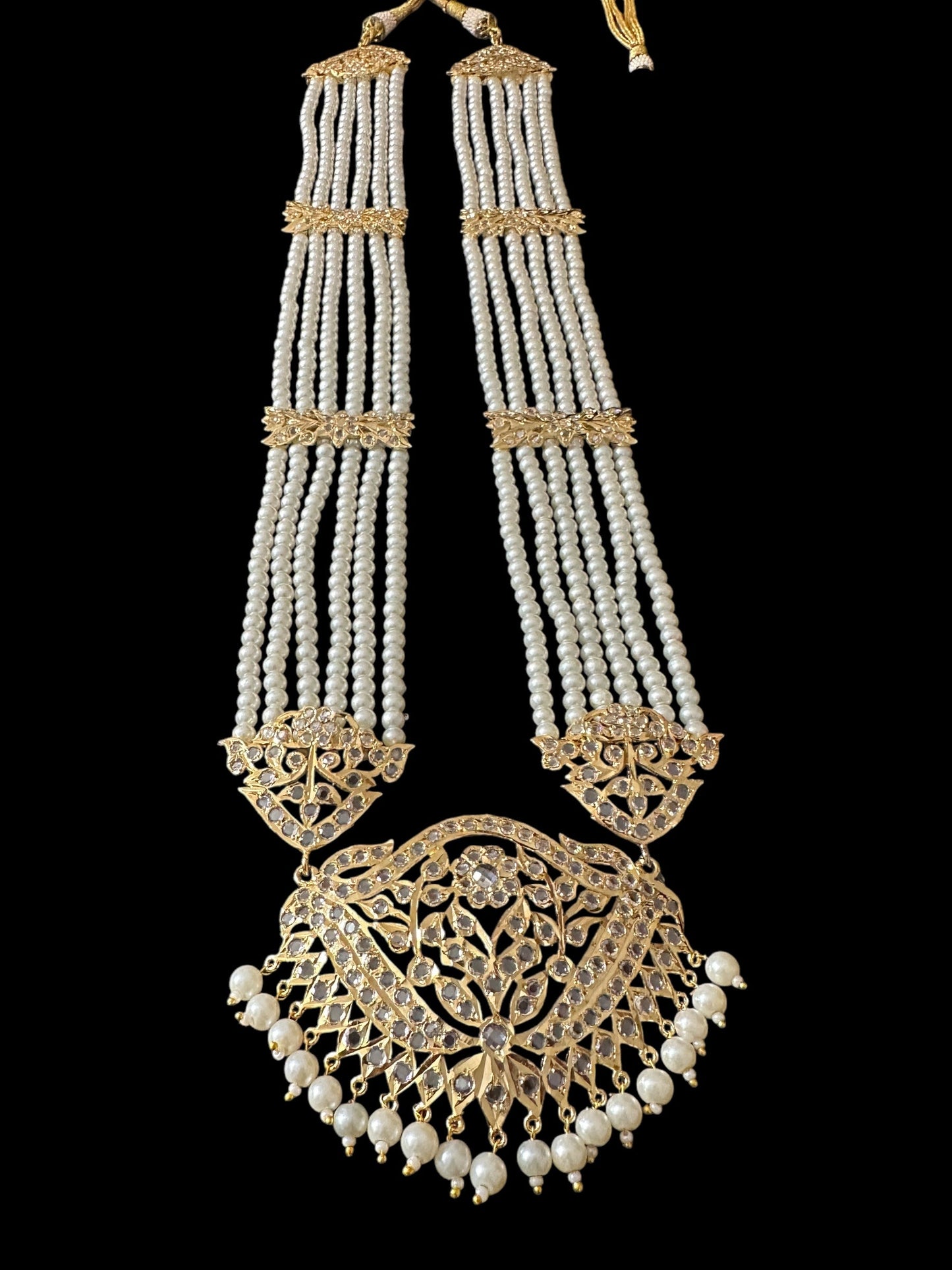 DLN111 Hareem pearl rani haar with jhoomar earrings in pearls ( READY TO SHIP )