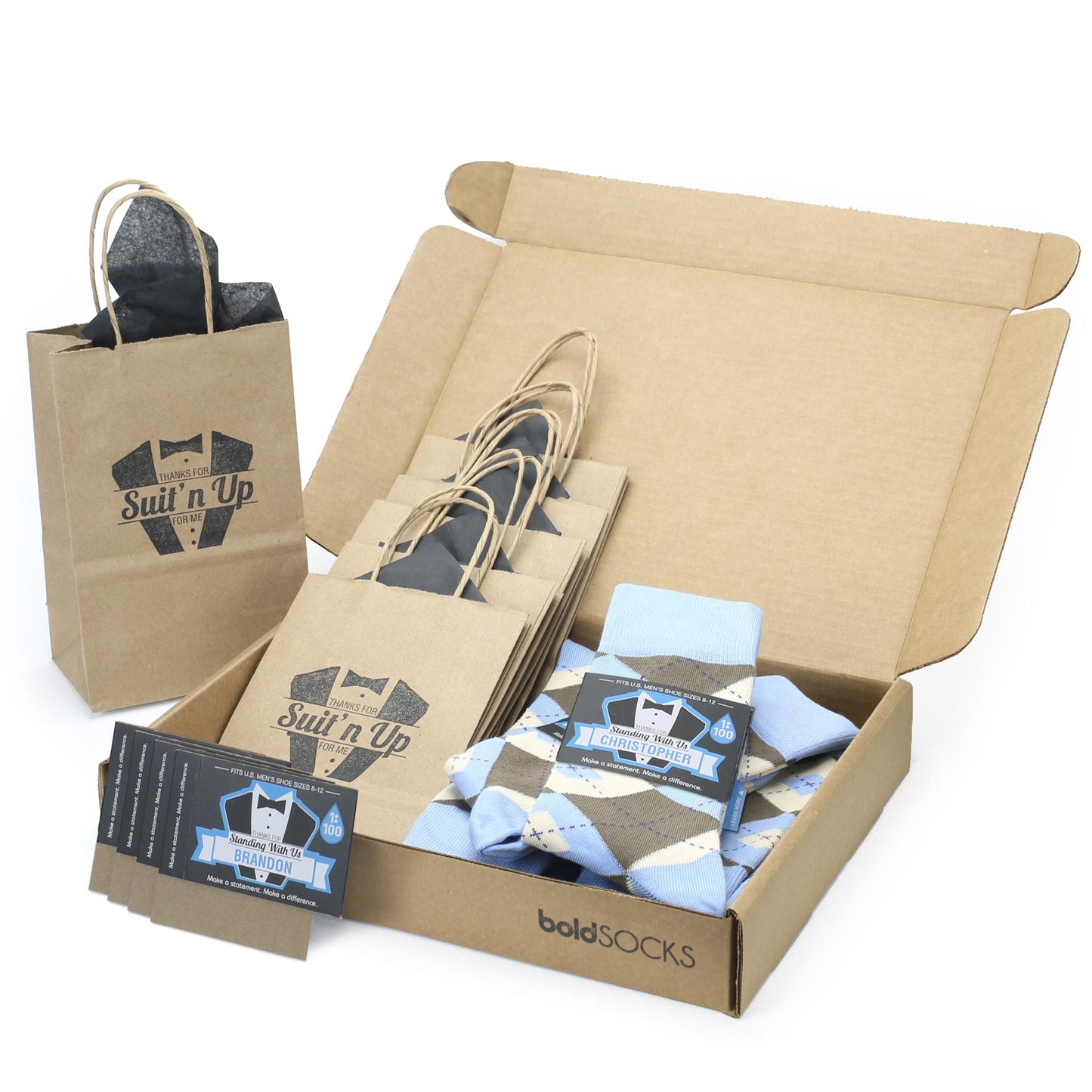 Customizable Groomsmen Gift Set Light Blue Brown Argyle Men’s Dress Socks