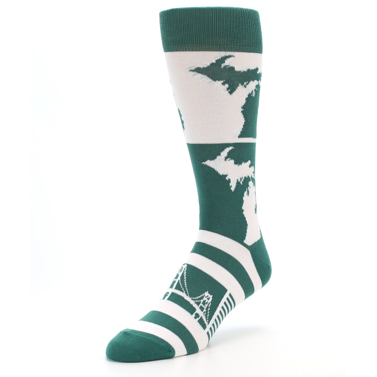 Green White Michigan Socks - Men's Novelty Dress Socks
