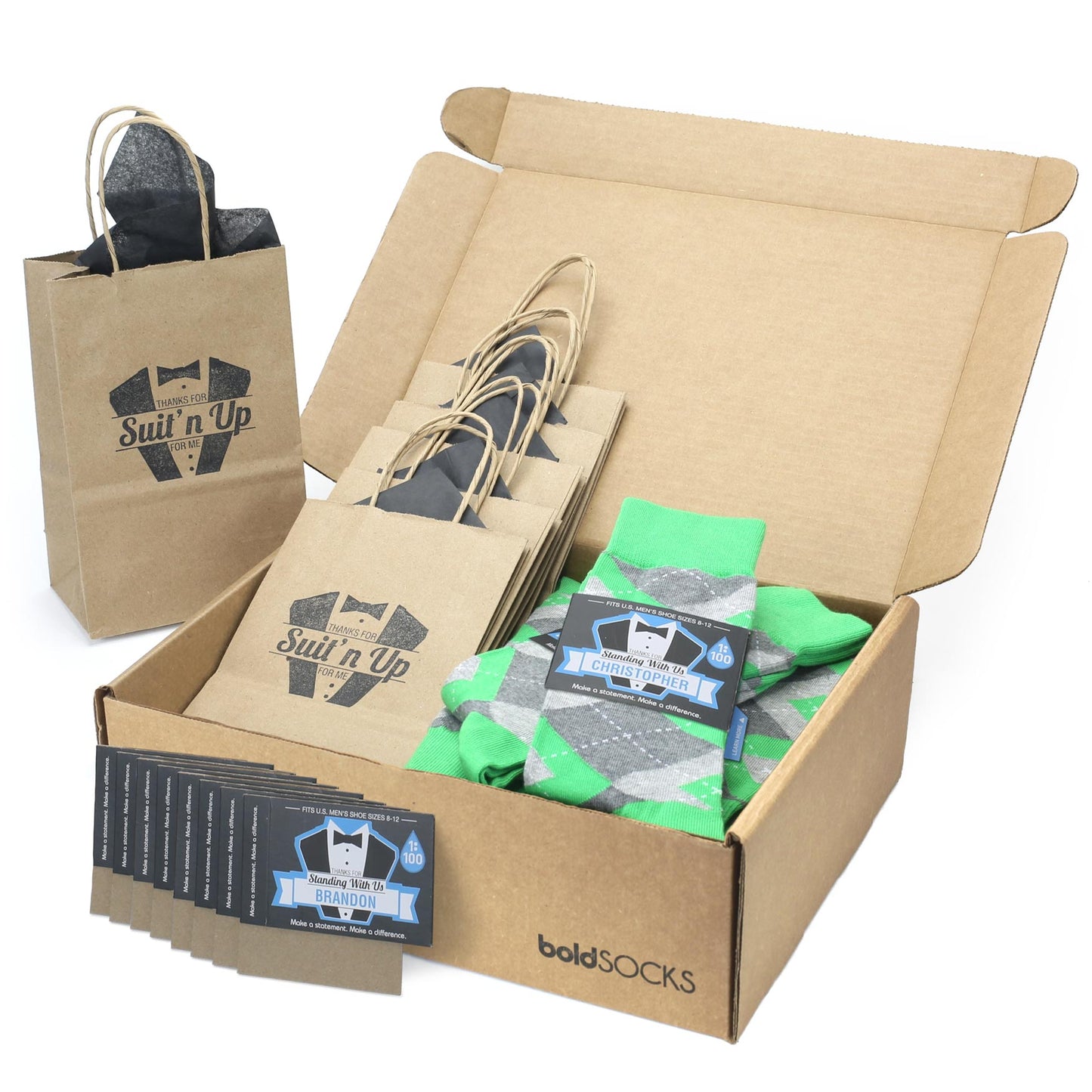 Customizable Groomsmen Gift Set Kelly Green Gray Argyle Men’s Dress Socks