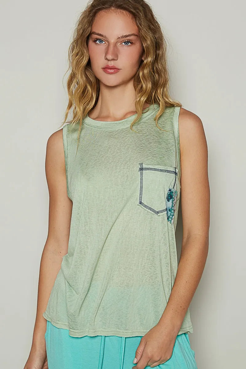 POL Floral Detail Pocket Patch Tank Top