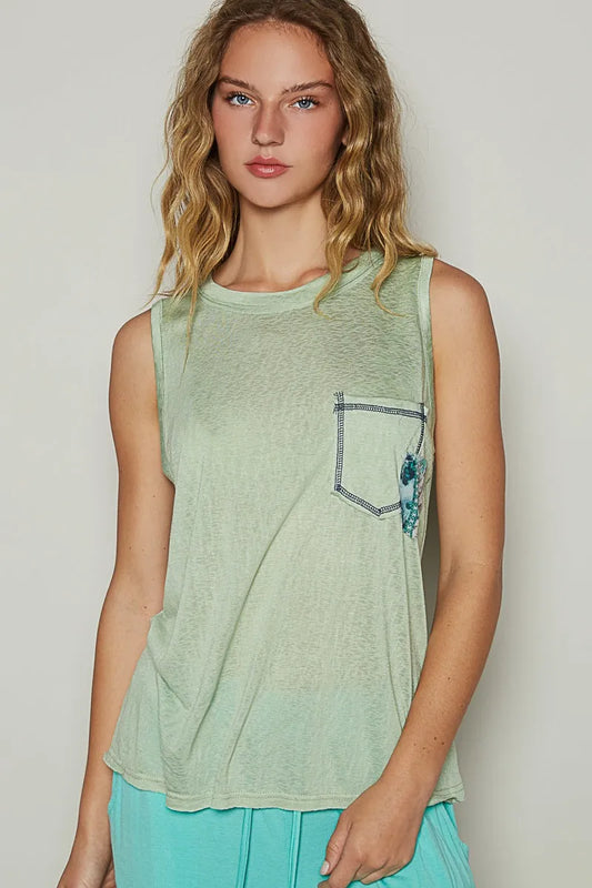 POL Floral Detail Pocket Patch Tank Top