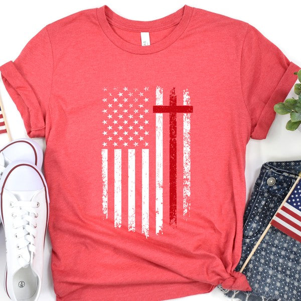 American Flag Red Stripe Cross Distressed T-shirt