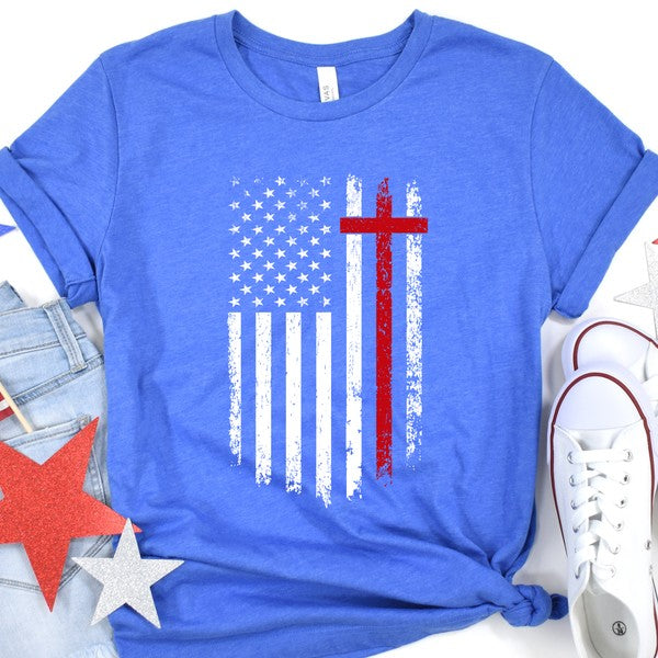 American Flag Red Stripe Cross Distressed T-shirt
