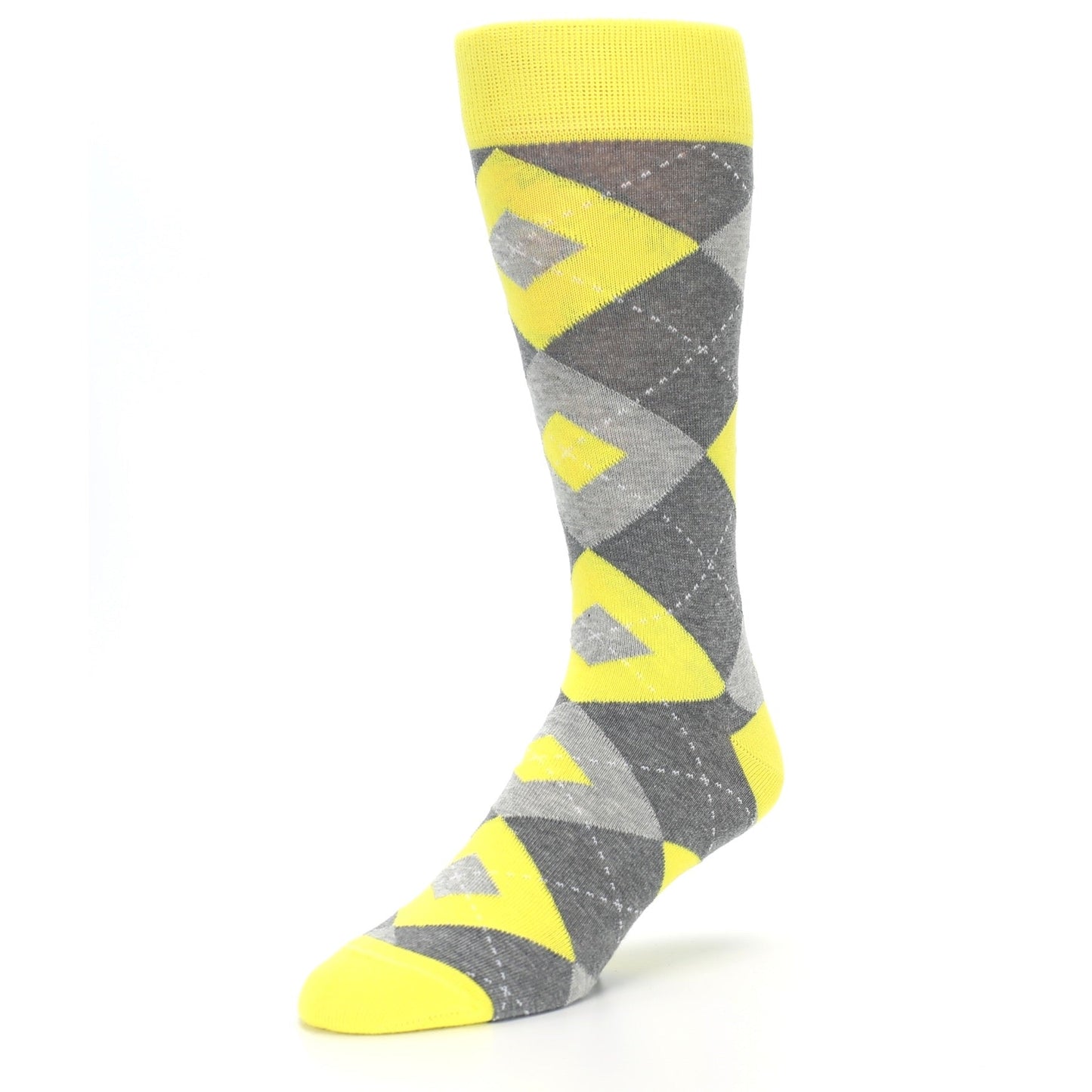 Lemon Yellow Gray Argyle Wedding Groomsmen Men’s Dress Socks