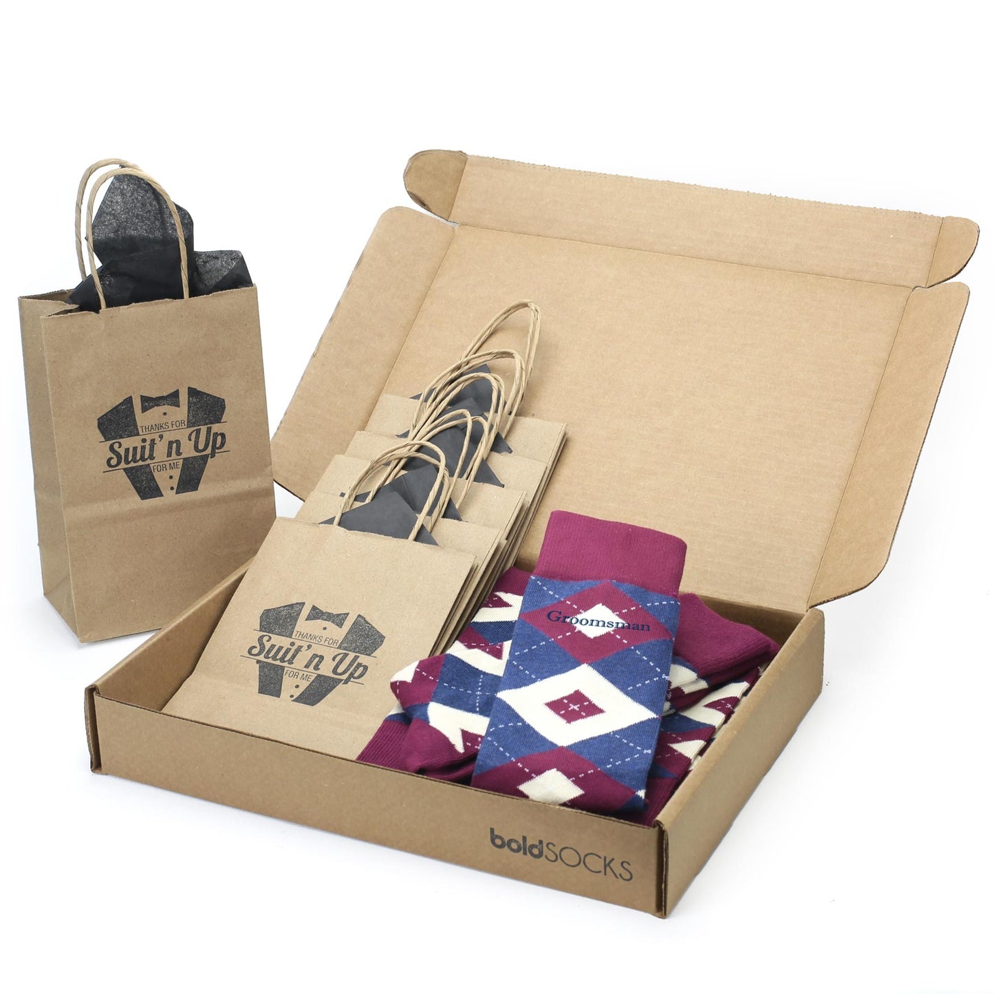 Customizable Groomsmen Gift Set Sangria Navy Argyle Men’s Dress Socks
