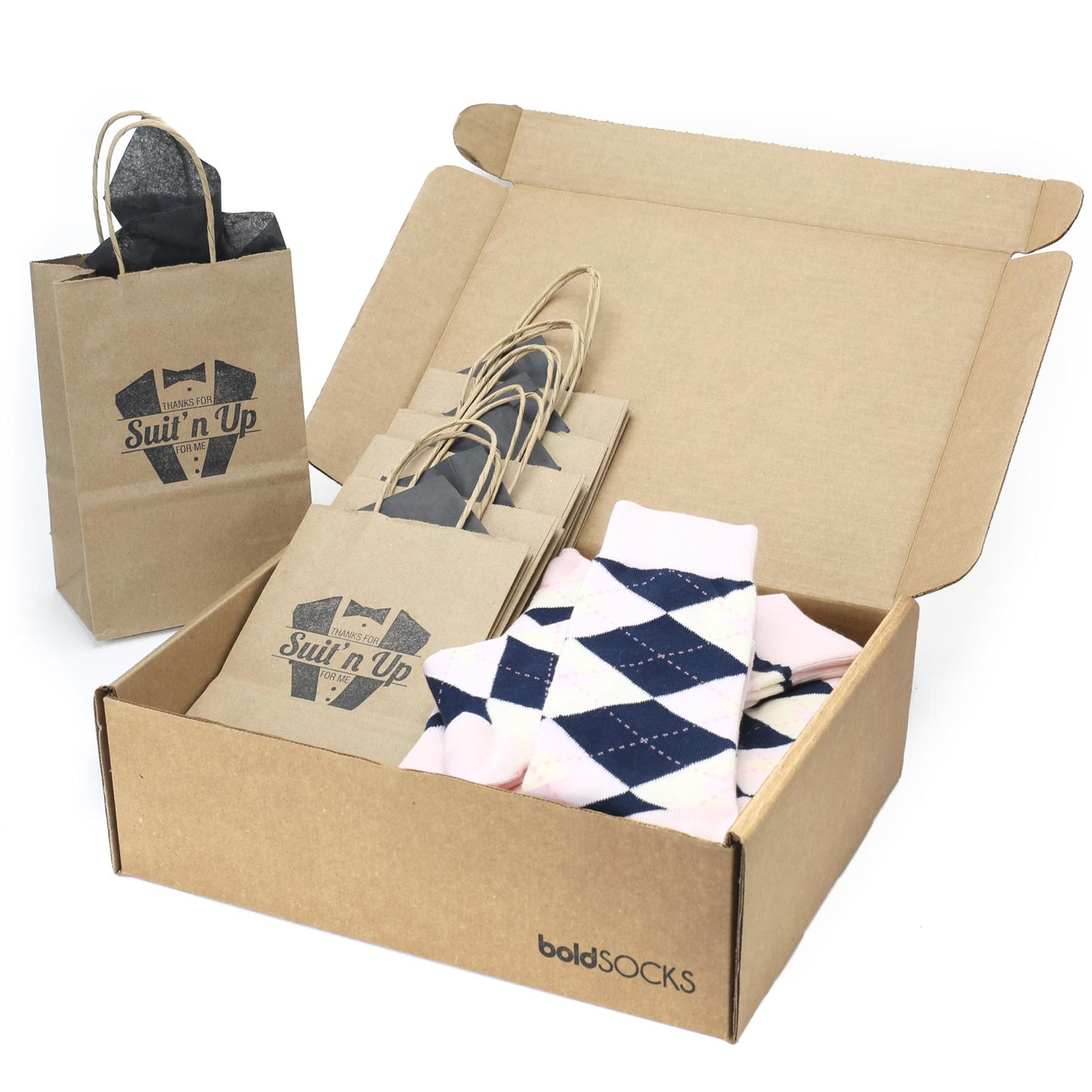 Customizable Groomsmen Gift Set Petal Pink Blush Navy Argyle Men’s Dress Socks