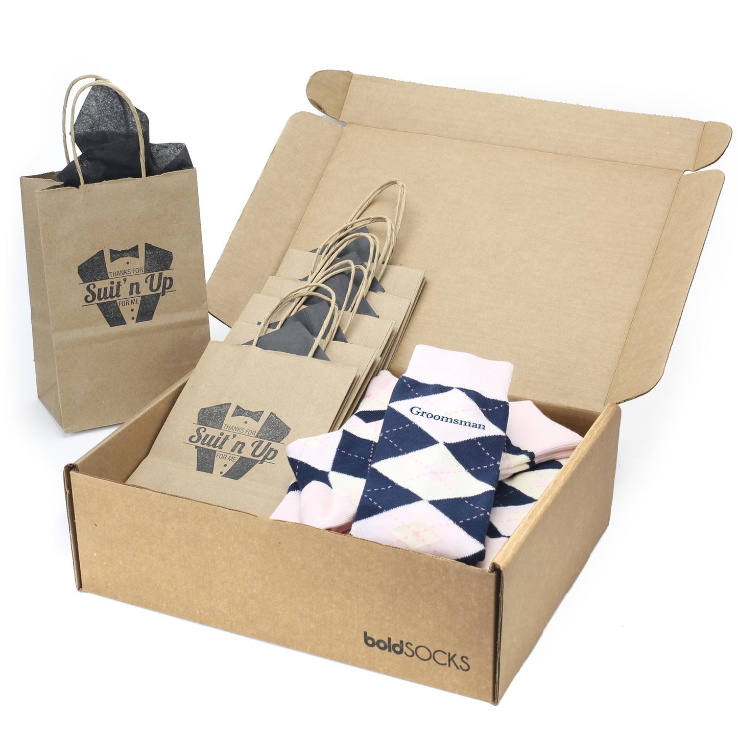Customizable Groomsmen Gift Set Petal Pink Blush Navy Argyle Men’s Dress Socks
