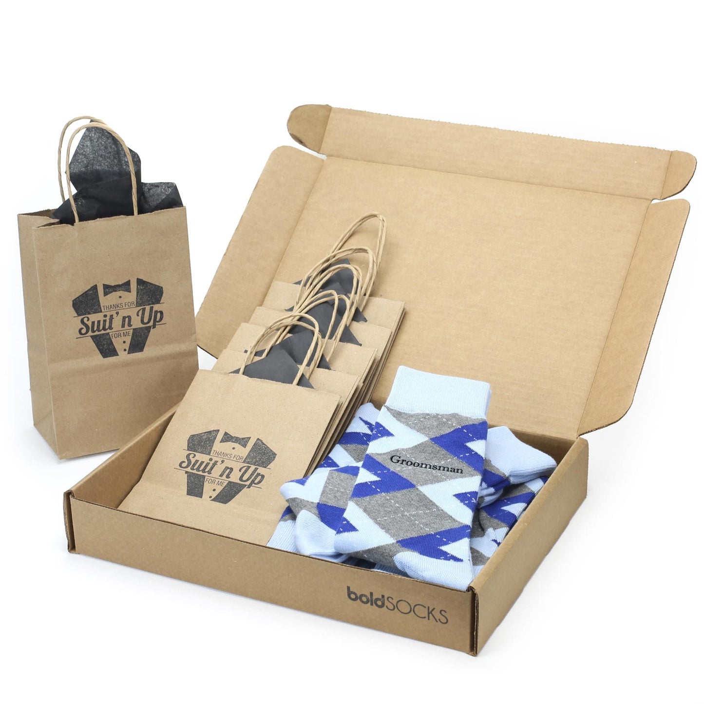 Customizable Groomsmen Kit Gift Set Blue Cobalt Gray Argyle Men’s Dress Socks