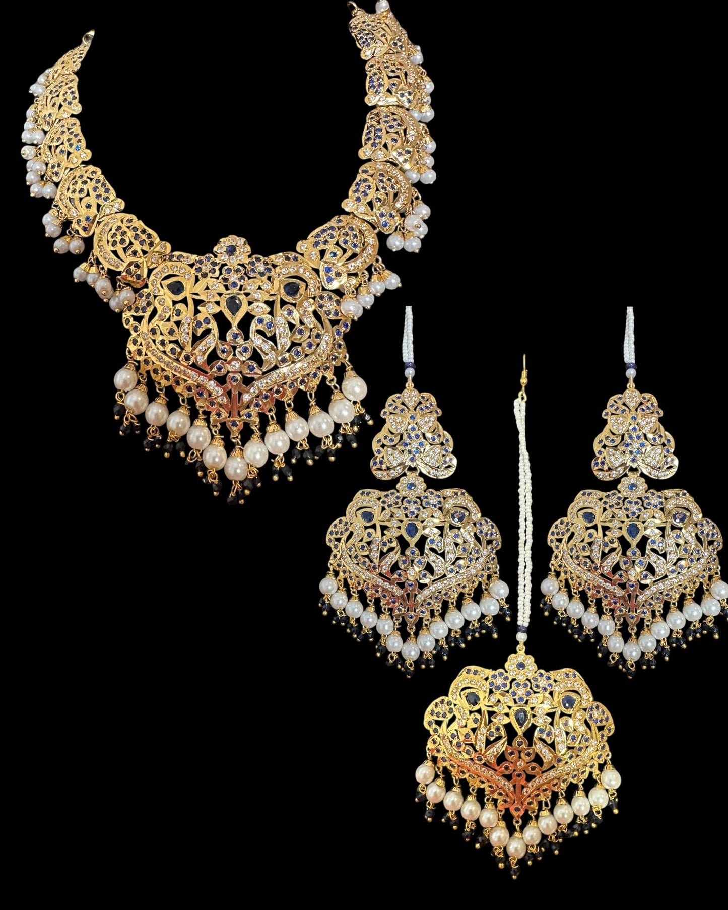 DNS204 Neeli jadau necklace with earrings tika in sapphire zircon(READY TO SHIP )