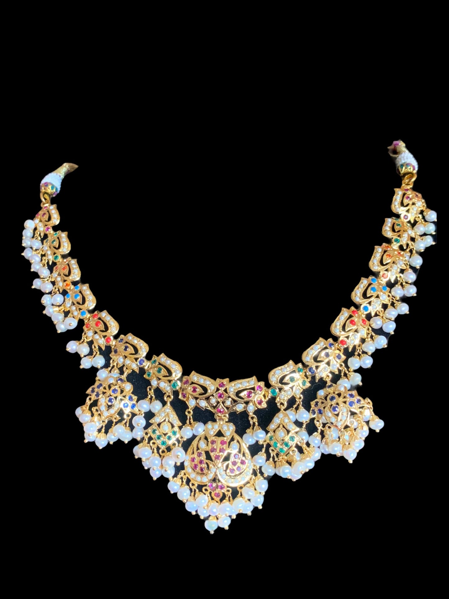 Navratan necklace set with fresh water pearls in gold plated silver