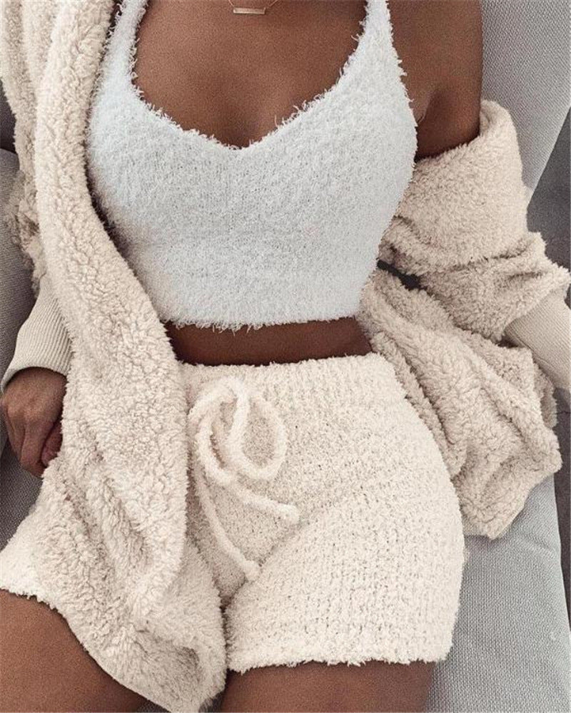 Ultra-Soft Velvet Pajama Set - 3-Piece Cropped Tank Shorts Cardigan