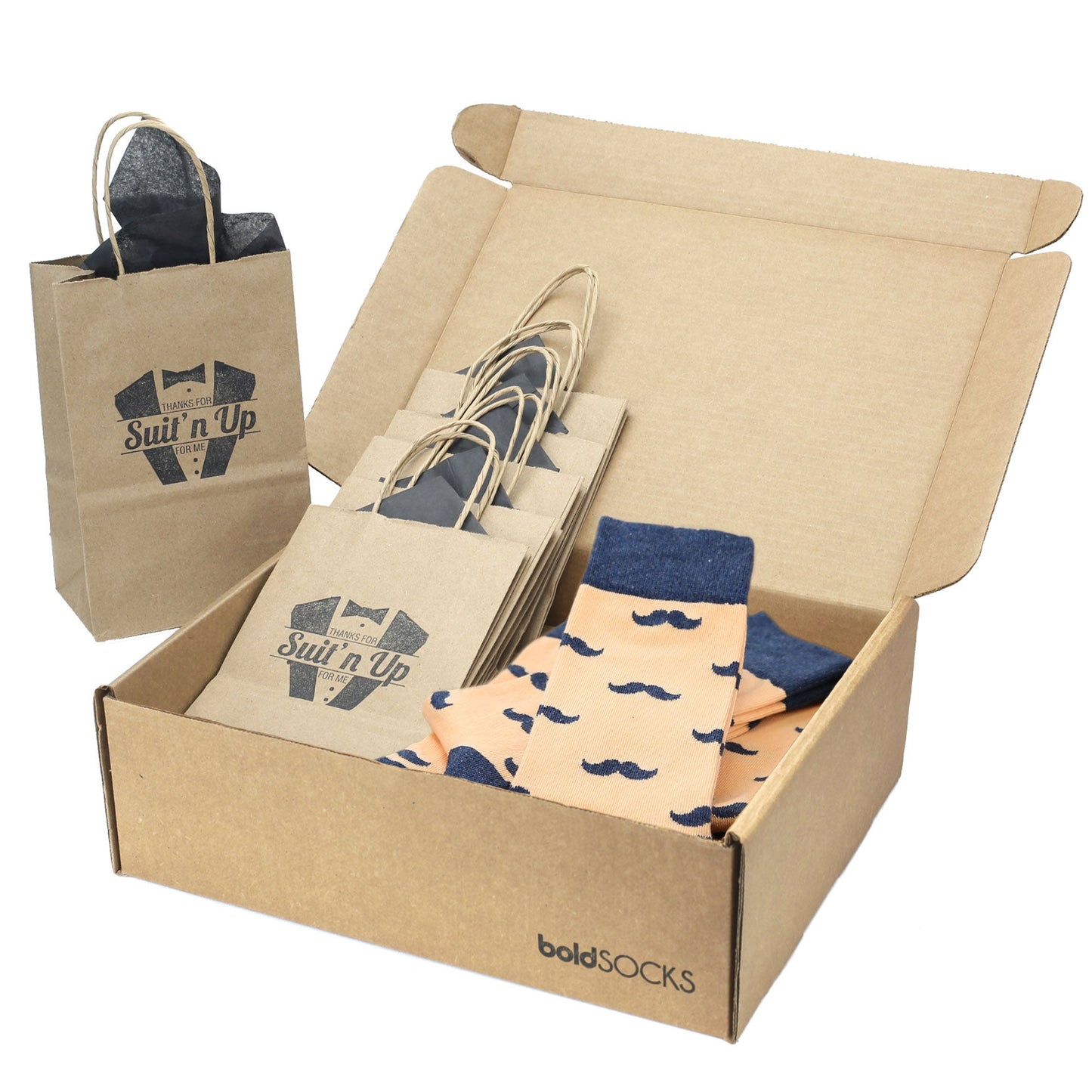 Groomsmen Gift Set Peach Navy Mustache Men's Dress Socks