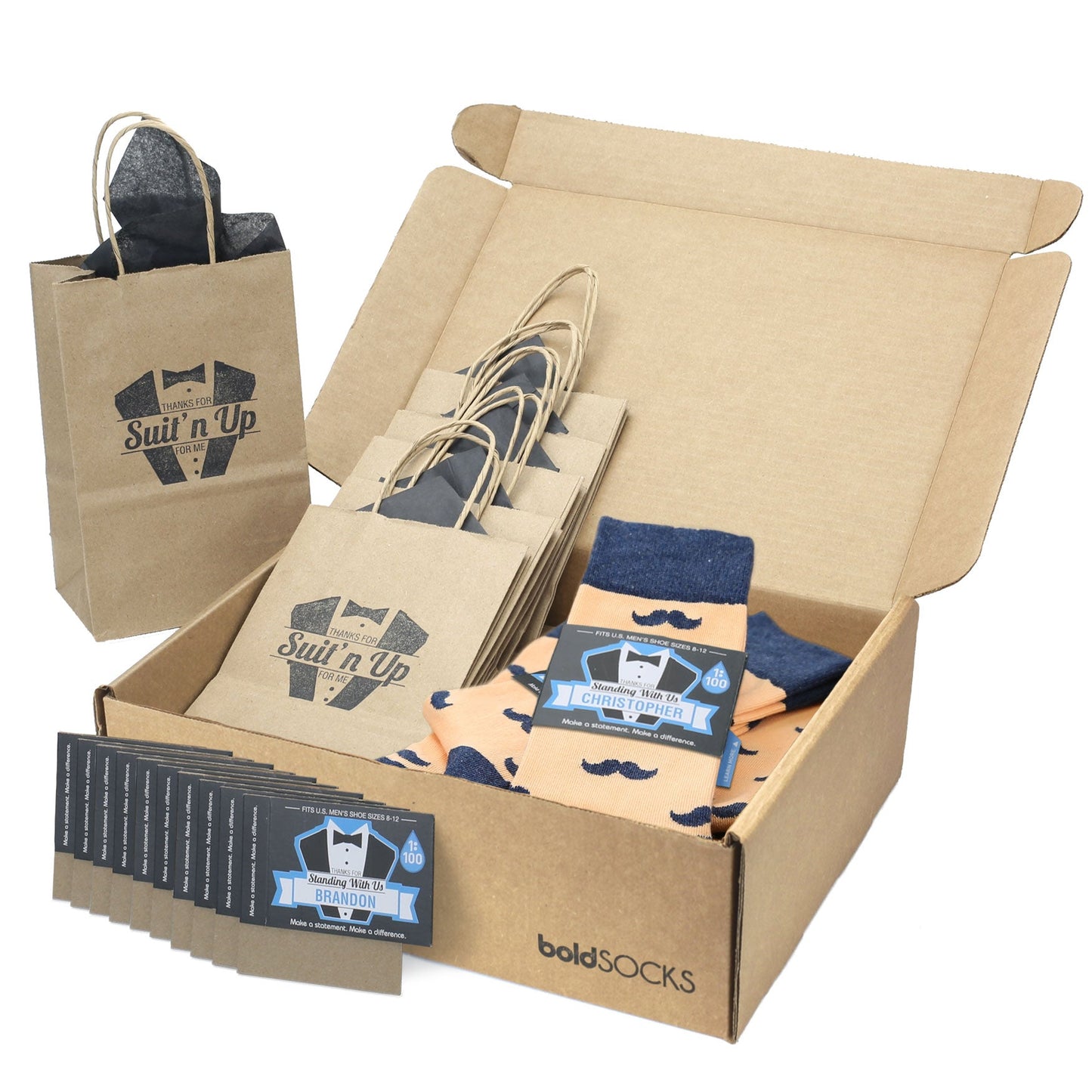 Groomsmen Gift Set Peach Navy Mustache Men's Dress Socks