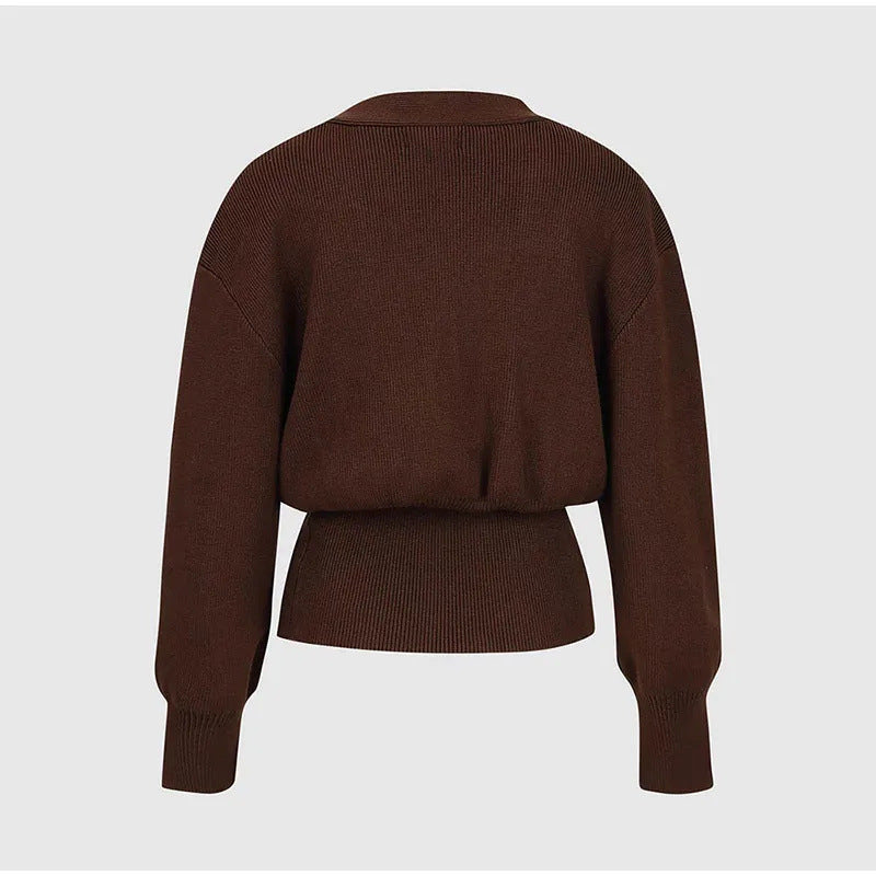 Deep V Button Cardigan - Polyester Knit Statement Sweater