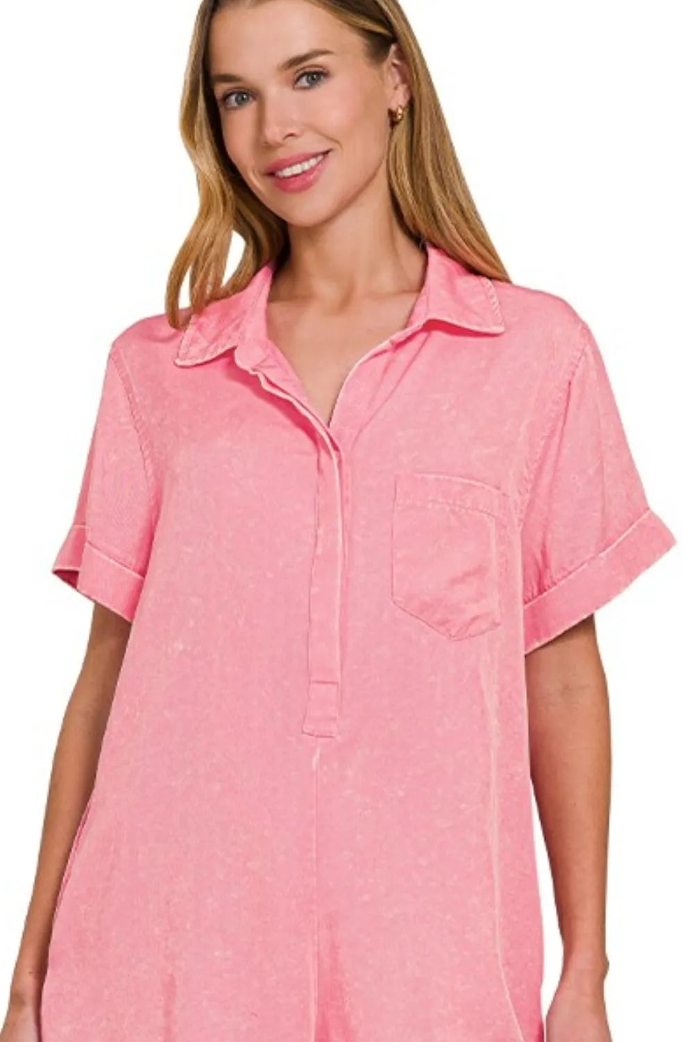 Zenana Tencel Mineral Washed Half Button Shirts Romper