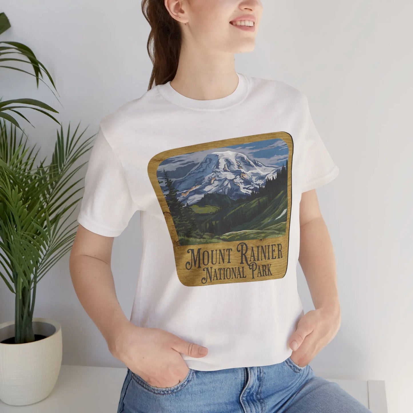 Mount Rainier National Park Unisex Fit Short Sleeve T-Shirt Wood Sign