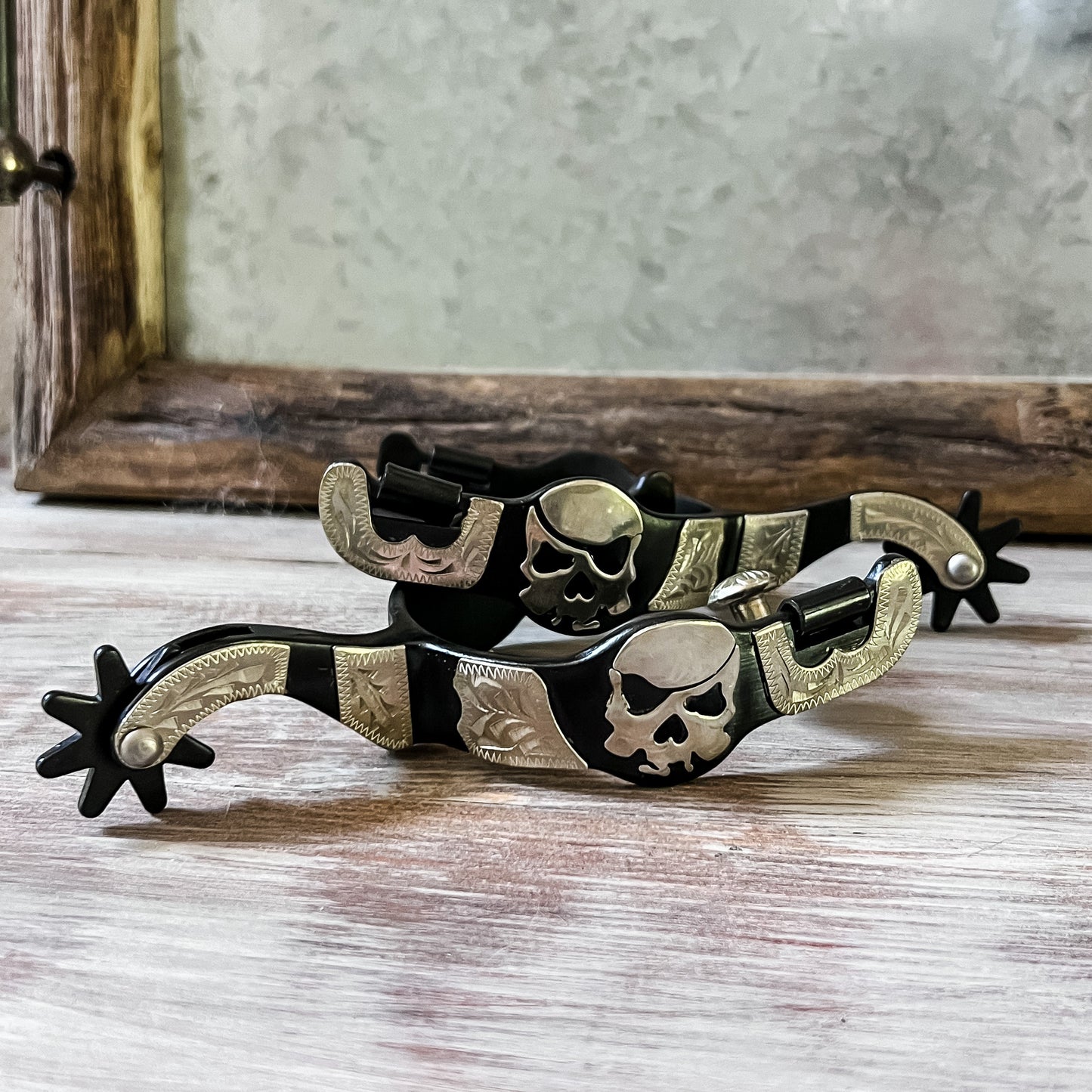 AJ Tack Men's Antique Brown Pirate Skull Spurs