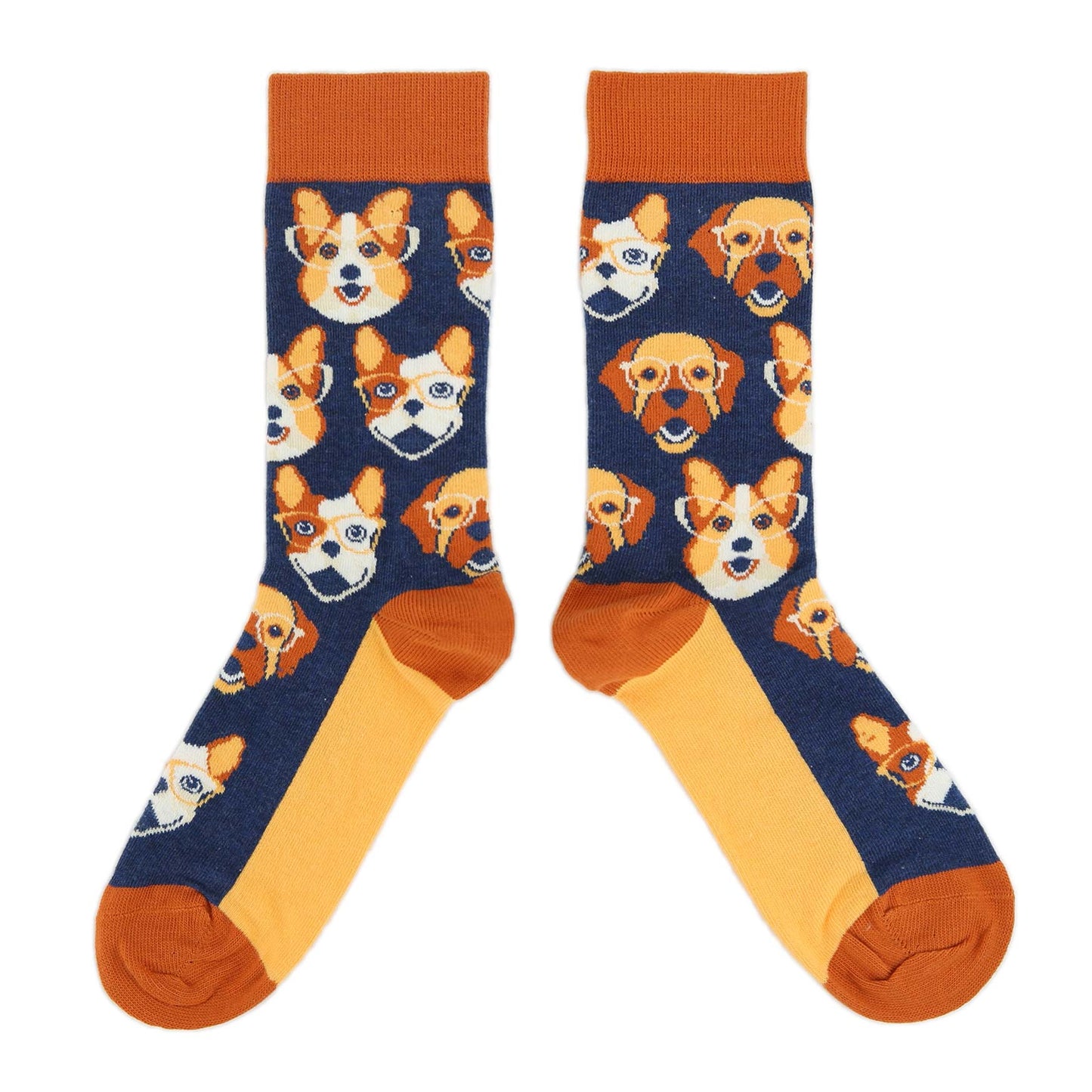 Navy Orange Dog Faces Women's Dress Socks