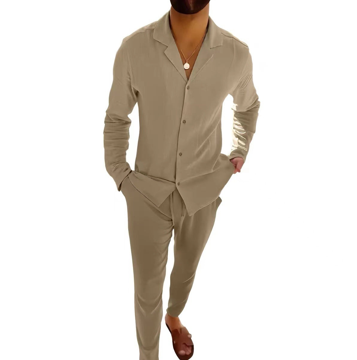 Men's Cotton Long Sleeve Lapel Shirt & Slim Fit Pants Set
