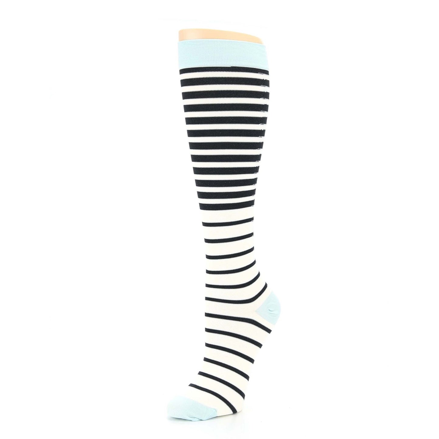 Sky Blue Cream Black Stripes Compression Socks - Women's Knee High Socks