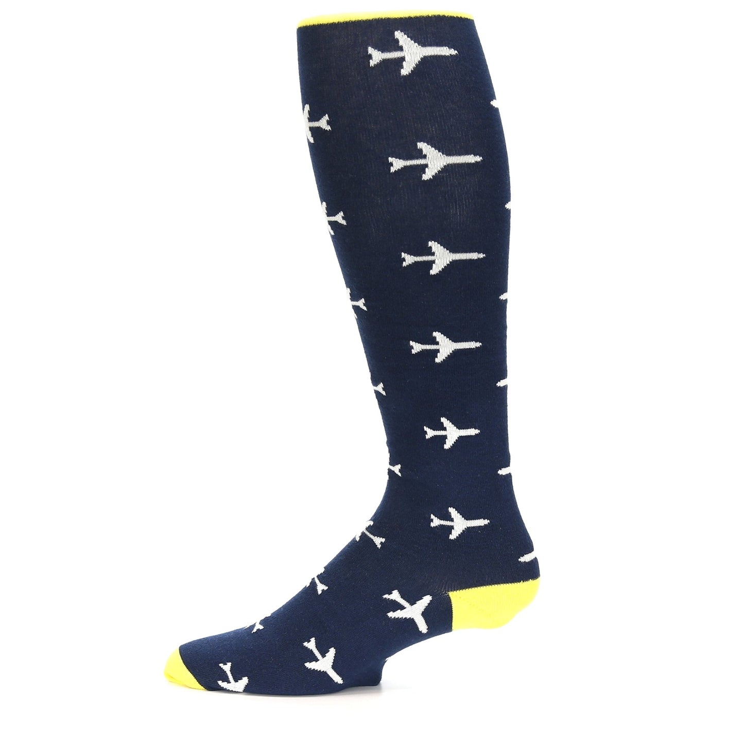 Navy Yellow Airplane Pattern Men's Over-the-Calf Dress Socks