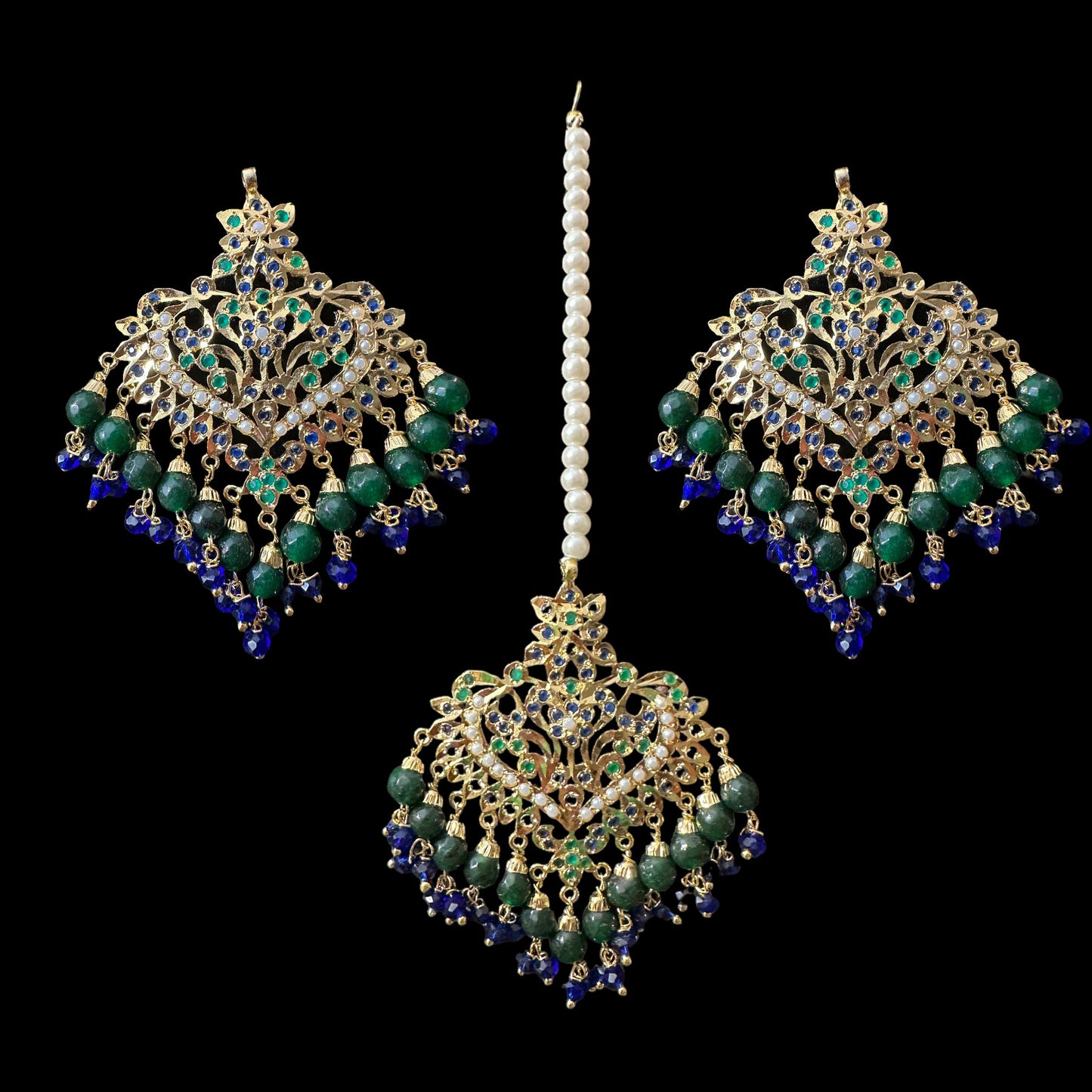 DJET108 Afreen emerald sapphire earrings tika ( READY TO SHIP )